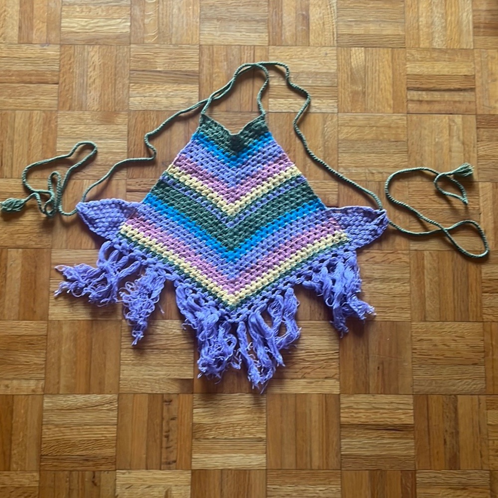 🧡 Boho Tassle Knit Tie Back Crop Top XS/S 100% Cotton